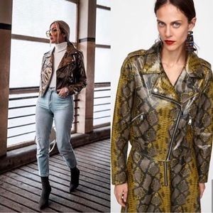 Zara Back Golden Yellow Snakeskin Faux Leather Moto Jacket Blogger Fav